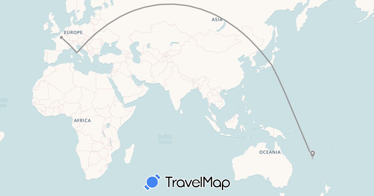 TravelMap itinerary: driving, plane in France, Italy, Japan, New Caledonia (Asia, Europe, Oceania)